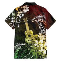 Hawaii Ukulele Family Matching Off Shoulder Short Dress and Hawaiian Shirt Polynesian Pattern Mix Hibiscus Reggae Version LT05