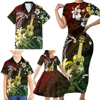 Hawaii Ukulele Family Matching Short Sleeve Bodycon Dress and Hawaiian Shirt Polynesian Pattern Mix Hibiscus Reggae Version LT05 - Polynesian Pride