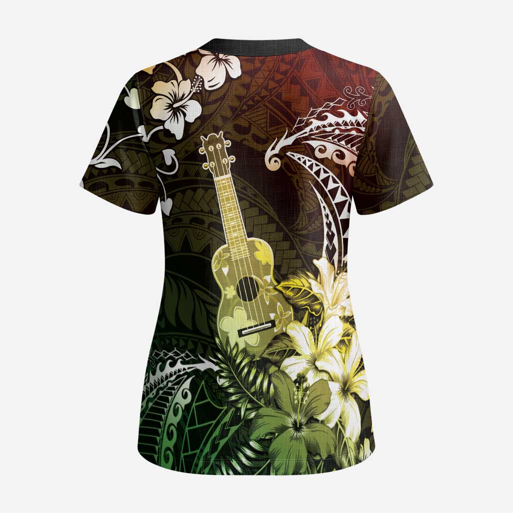 Hawaii Ukulele Scrub Top Polynesian Pattern Mix Hibiscus Reggae Version - Polynesian Pride