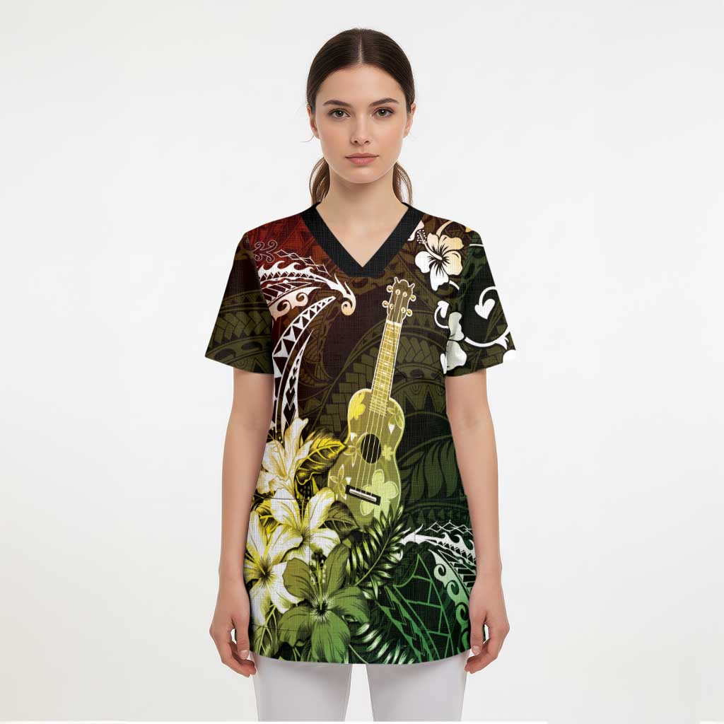 Hawaii Ukulele Scrub Top Polynesian Pattern Mix Hibiscus Reggae Version - Polynesian Pride