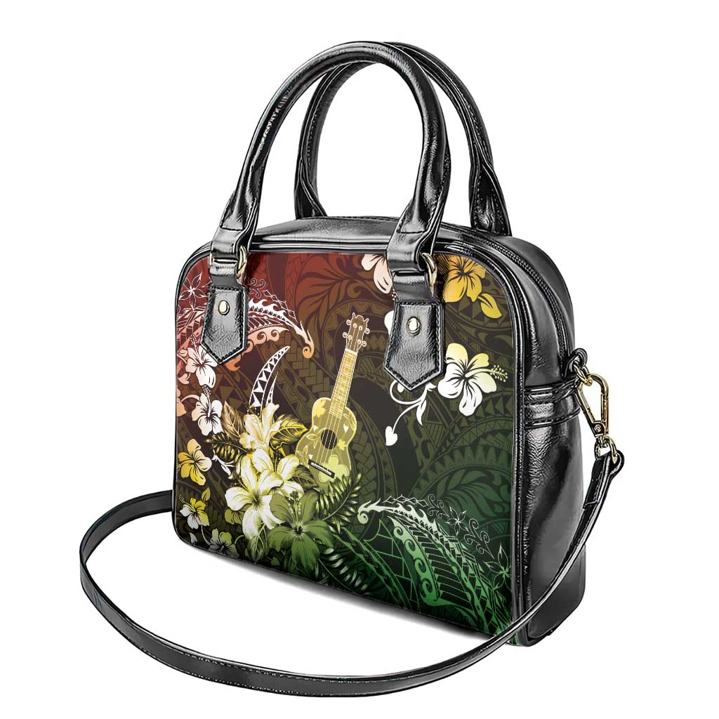 Hawaii Ukulele Shoulder Handbag Polynesian Pattern Mix Hibiscus Reggae Version