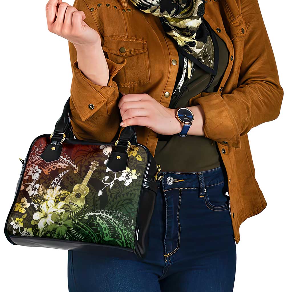 Hawaii Ukulele Shoulder Handbag Polynesian Pattern Mix Hibiscus Reggae Version