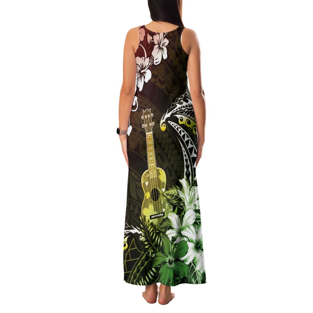 Hawaii Ukulele Tank Maxi Dress Polynesian Pattern Mix Hibiscus Reggae Version LT05