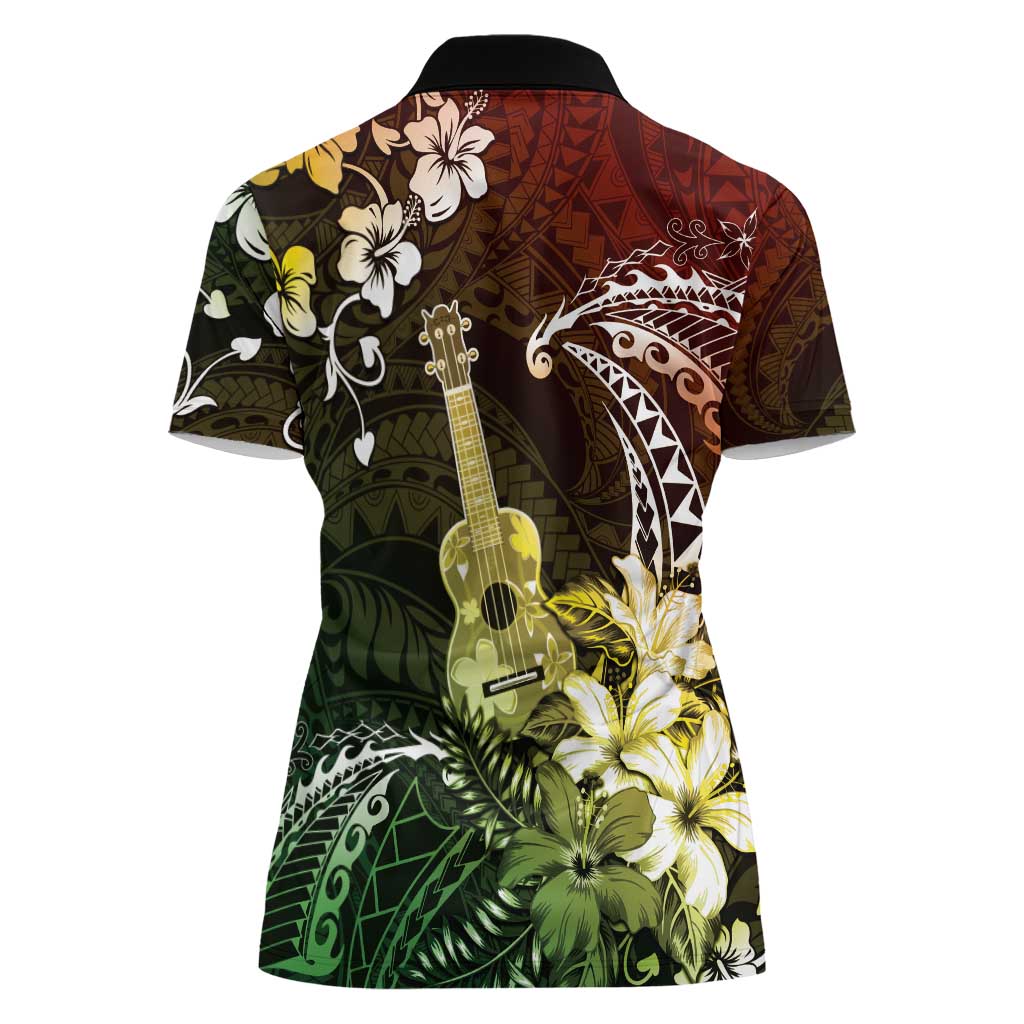 Hawaii Ukulele Women Polo Shirt Polynesian Pattern Mix Hibiscus Reggae Version LT05 - Polynesian Pride