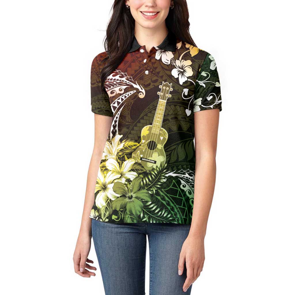 Hawaii Ukulele Women Polo Shirt Polynesian Pattern Mix Hibiscus Reggae Version LT05 - Polynesian Pride