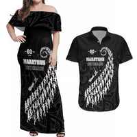 Custom New Zealand Marathon Couples Matching Off Shoulder Maxi Dress and Hawaiian Shirt Maori Style LT05 Black - Polynesian Pride