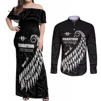 Custom New Zealand Marathon Couples Matching Off Shoulder Maxi Dress and Long Sleeve Button Shirt Maori Style LT05 Black - Polynesian Pride