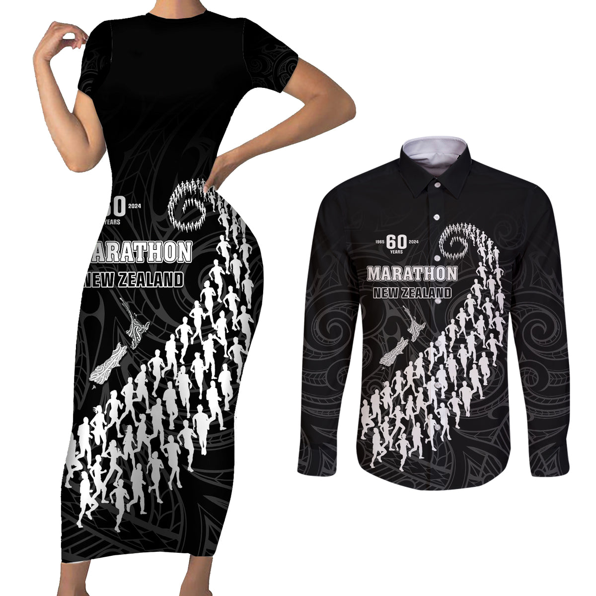 Custom New Zealand Marathon Couples Matching Short Sleeve Bodycon Dress and Long Sleeve Button Shirt Maori Style LT05 Black - Polynesian Pride