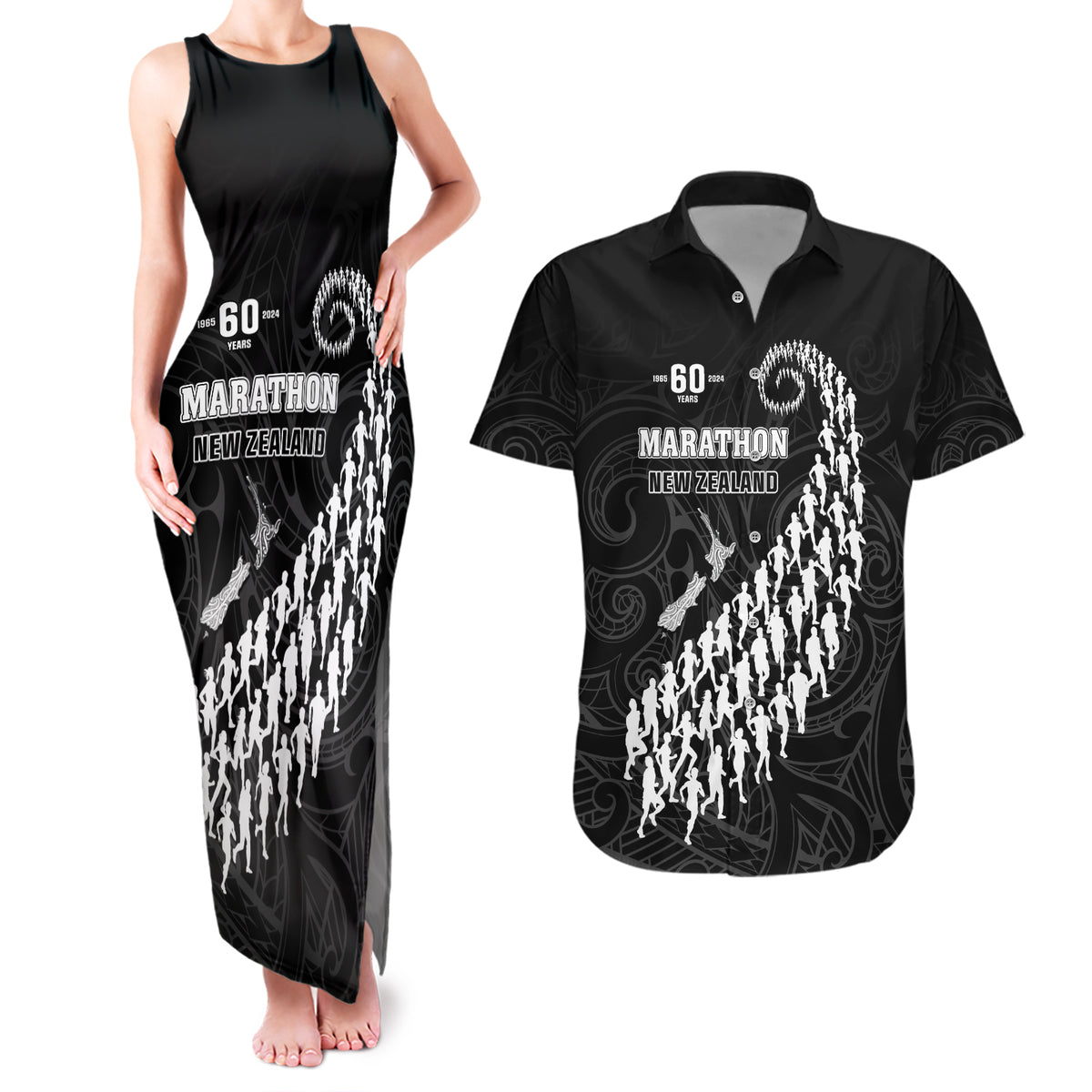 Custom New Zealand Marathon Couples Matching Tank Maxi Dress and Hawaiian Shirt Maori Style LT05 Black - Polynesian Pride