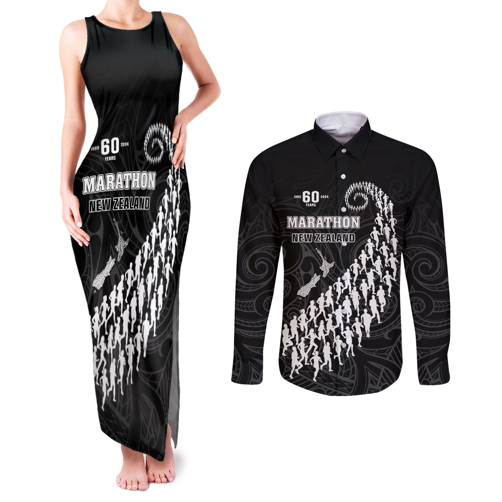 Custom New Zealand Marathon Couples Matching Tank Maxi Dress and Long Sleeve Button Shirt Maori Style LT05 Black - Polynesian Pride