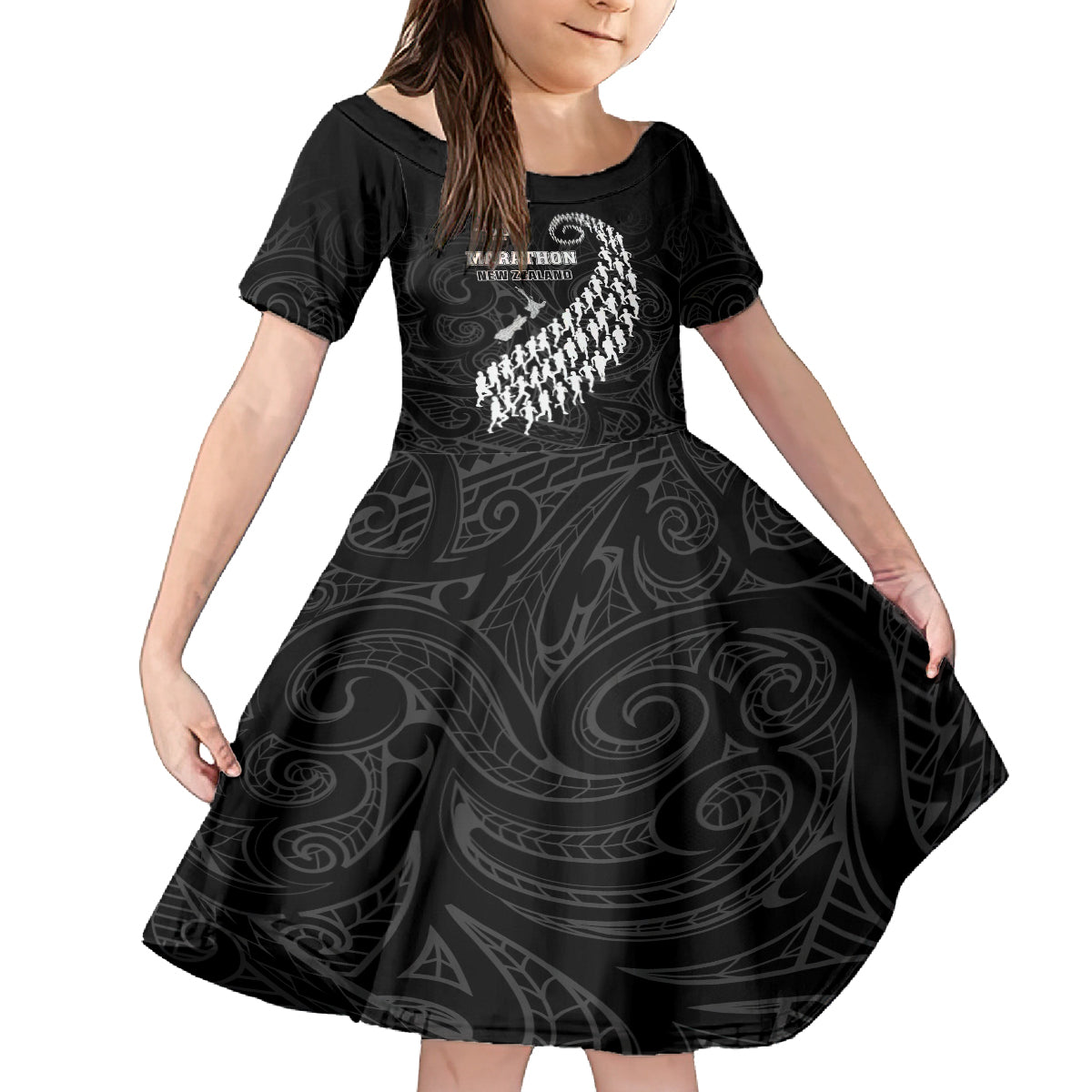Custom New Zealand Marathon Family Matching Off Shoulder Maxi Dress and Hawaiian Shirt Maori Style LT05 Daughter's Dress Black - Polynesian Pride