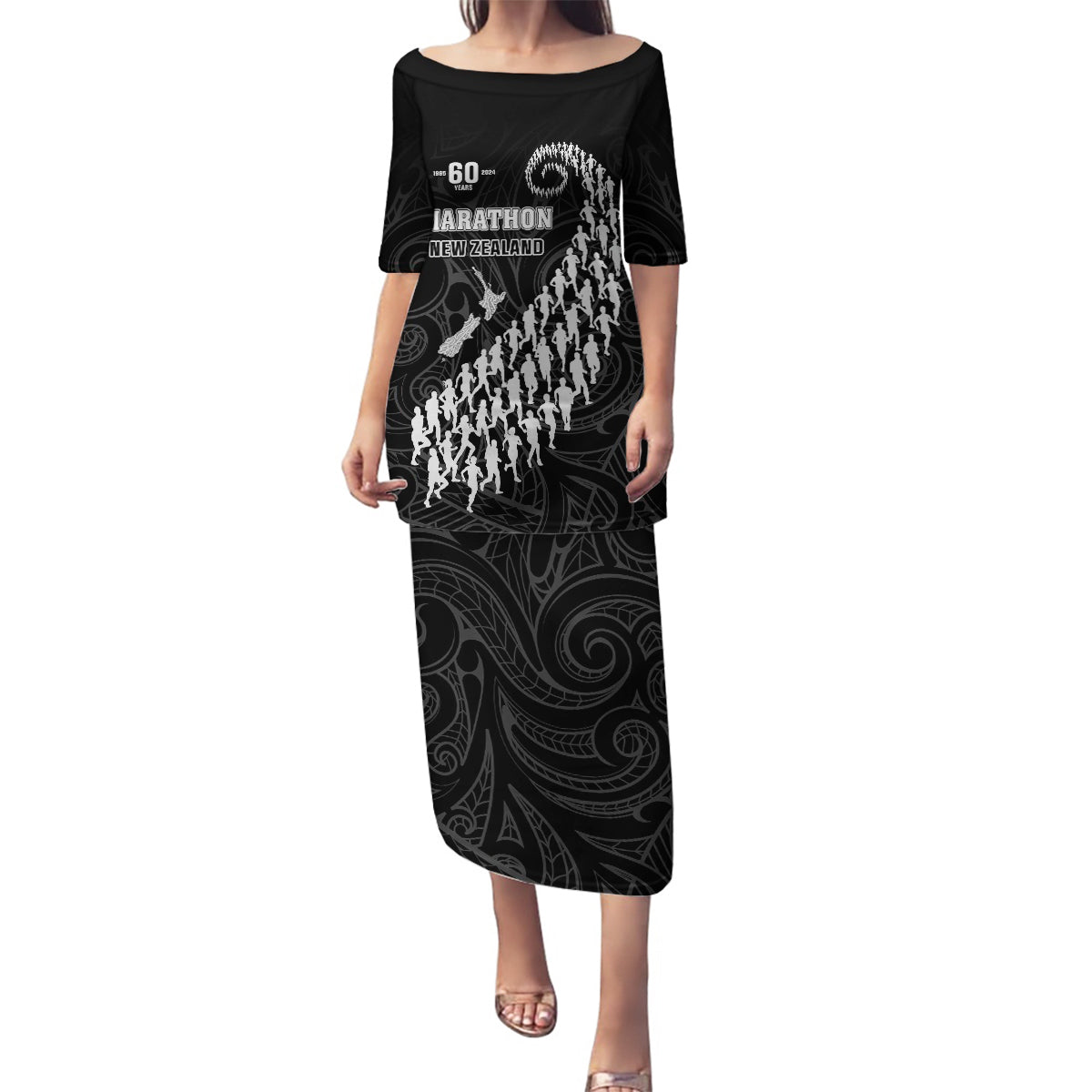 Custom New Zealand Marathon Family Matching Puletasi and Hawaiian Shirt Maori Style LT05 Mom's Dress Black - Polynesian Pride