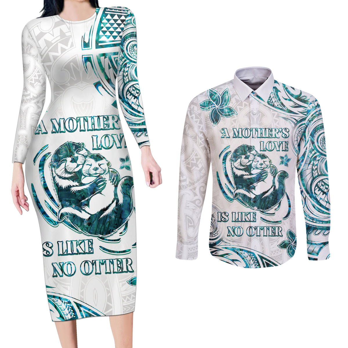 New Zealand Aotearoa Hari Ra Mama Couples Matching Long Sleeve Bodycon Dress and Long Sleeve Button Shirt A Mother's Love Is Like No Otter LT05 White - Polynesian Pride