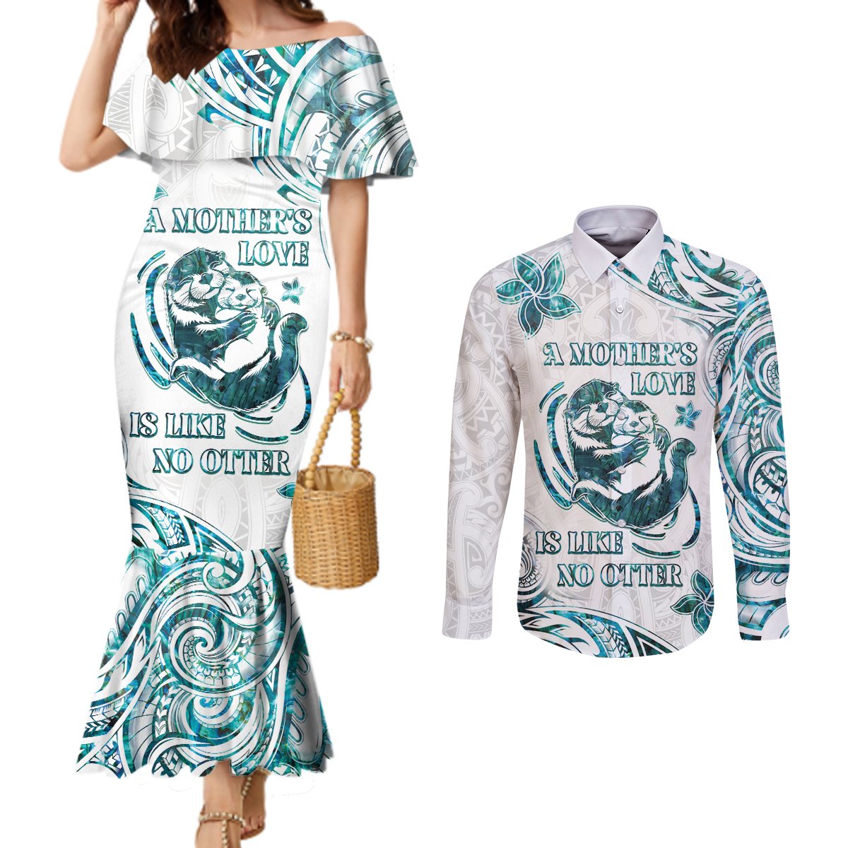 New Zealand Aotearoa Hari Ra Mama Couples Matching Mermaid Dress and Long Sleeve Button Shirt A Mother's Love Is Like No Otter