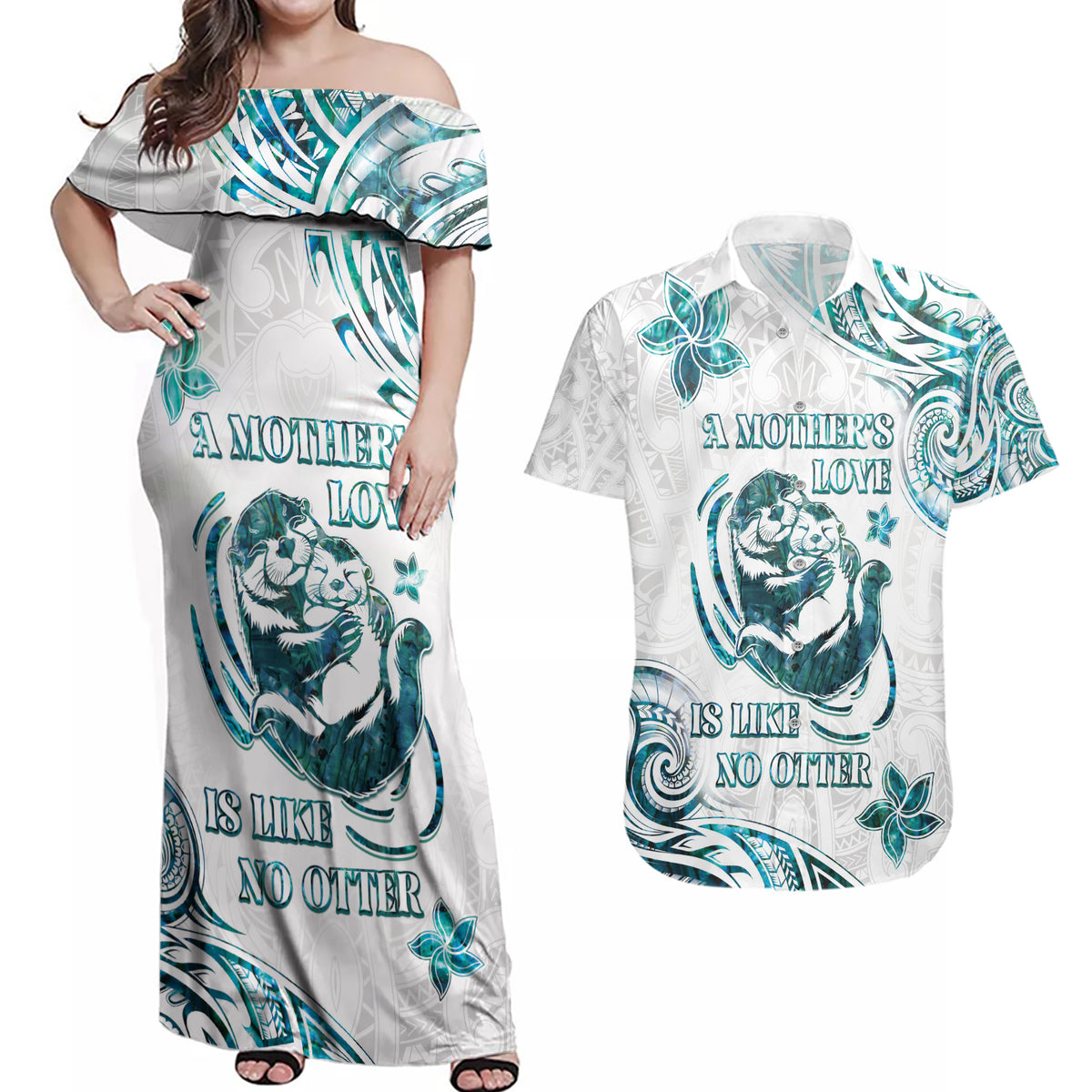 New Zealand Aotearoa Hari Ra Mama Couples Matching Off Shoulder Maxi Dress and Hawaiian Shirt A Mother's Love Is Like No Otter LT05 White - Polynesian Pride