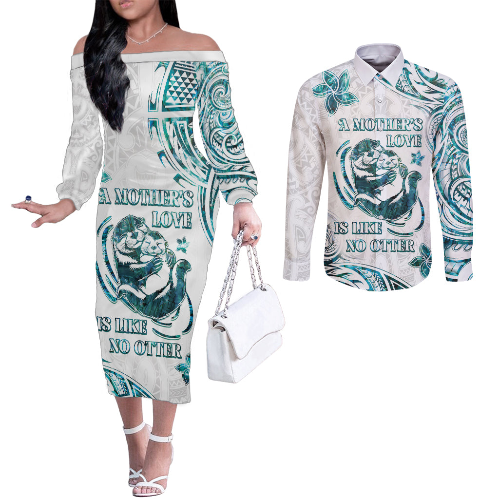 New Zealand Aotearoa Hari Ra Mama Couples Matching Off The Shoulder Long Sleeve Dress and Long Sleeve Button Shirt A Mother's Love Is Like No Otter LT05 White - Polynesian Pride