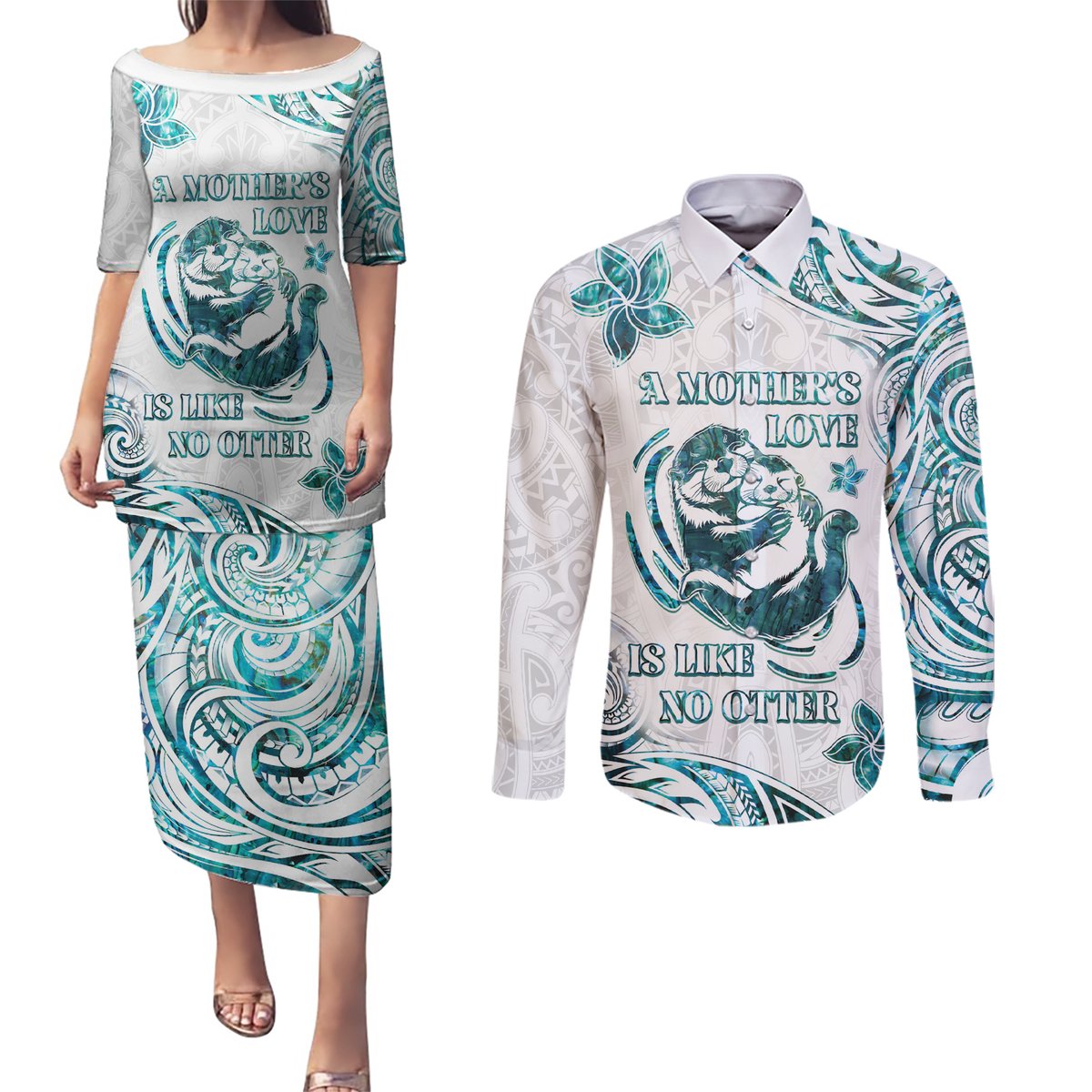 New Zealand Aotearoa Hari Ra Mama Couples Matching Puletasi and Long Sleeve Button Shirt A Mother's Love Is Like No Otter LT05 White - Polynesian Pride