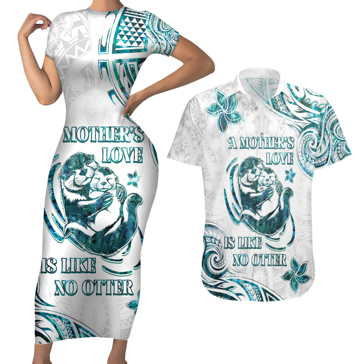 New Zealand Aotearoa Hari Ra Mama Couples Matching Short Sleeve Bodycon Dress and Hawaiian Shirt A Mother's Love Is Like No Otter LT05 White - Polynesian Pride