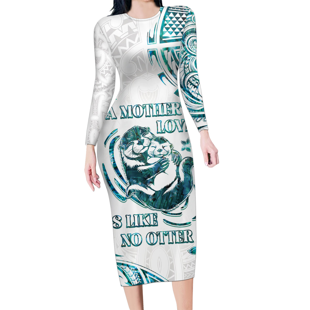 New Zealand Aotearoa Hari Ra Mama Family Matching Long Sleeve Bodycon Dress and Hawaiian Shirt A Mother's Love Is Like No Otter LT05 Mom's Dress White - Polynesian Pride