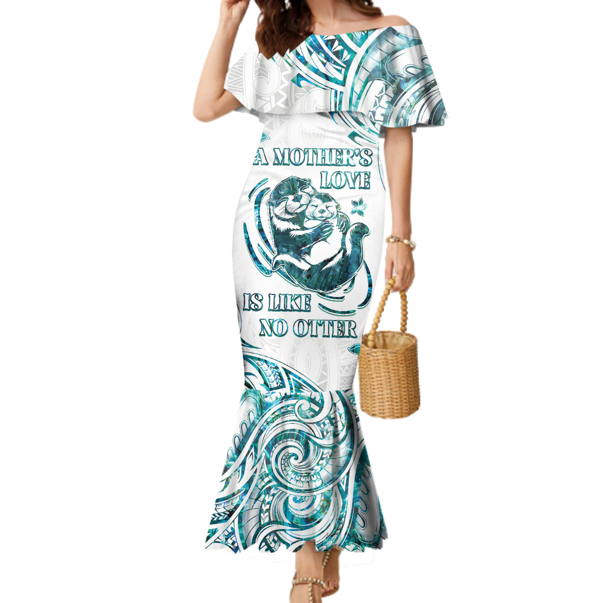 New Zealand Aotearoa Hari Ra Mama Family Matching Mermaid Dress and Hawaiian Shirt A Mother's Love Is Like No Otter LT05 Mom's Dress White - Polynesian Pride