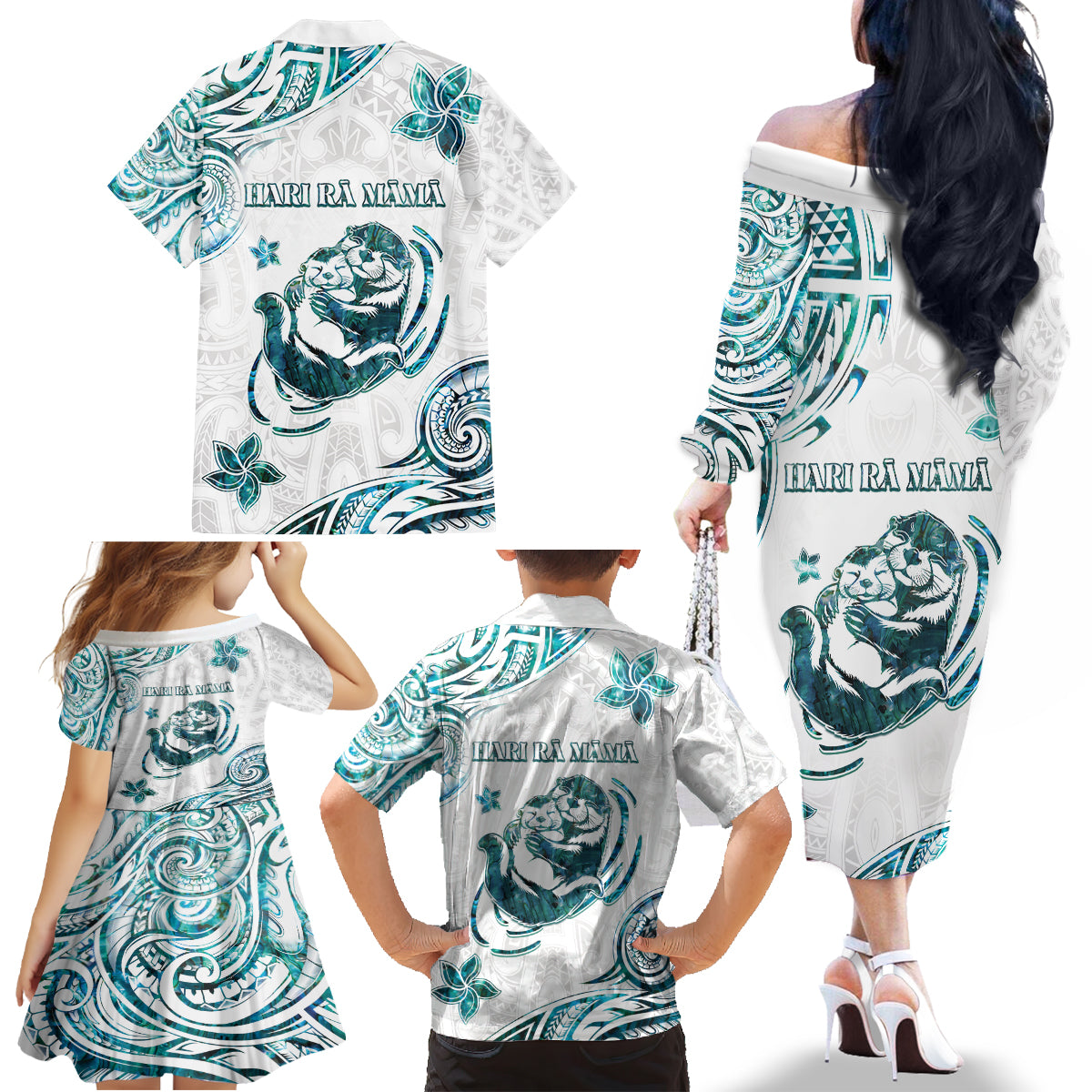 New Zealand Aotearoa Hari Ra Mama Family Matching Off The Shoulder Long Sleeve Dress and Hawaiian Shirt A Mother's Love Is Like No Otter LT05 - Polynesian Pride