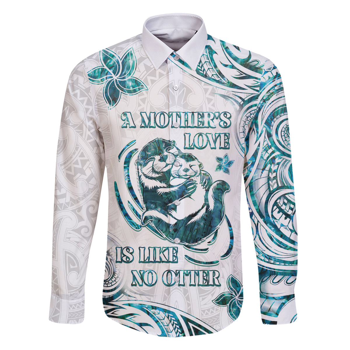 New Zealand Aotearoa Hari Ra Mama Family Matching Off The Shoulder Long Sleeve Dress and Hawaiian Shirt A Mother's Love Is Like No Otter LT05 Dad's Shirt - Long Sleeve White - Polynesian Pride