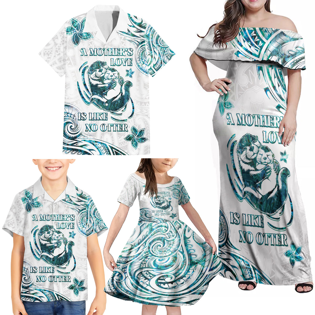 New Zealand Aotearoa Hari Ra Mama Family Matching Off Shoulder Maxi Dress and Hawaiian Shirt A Mother's Love Is Like No Otter LT05 - Polynesian Pride