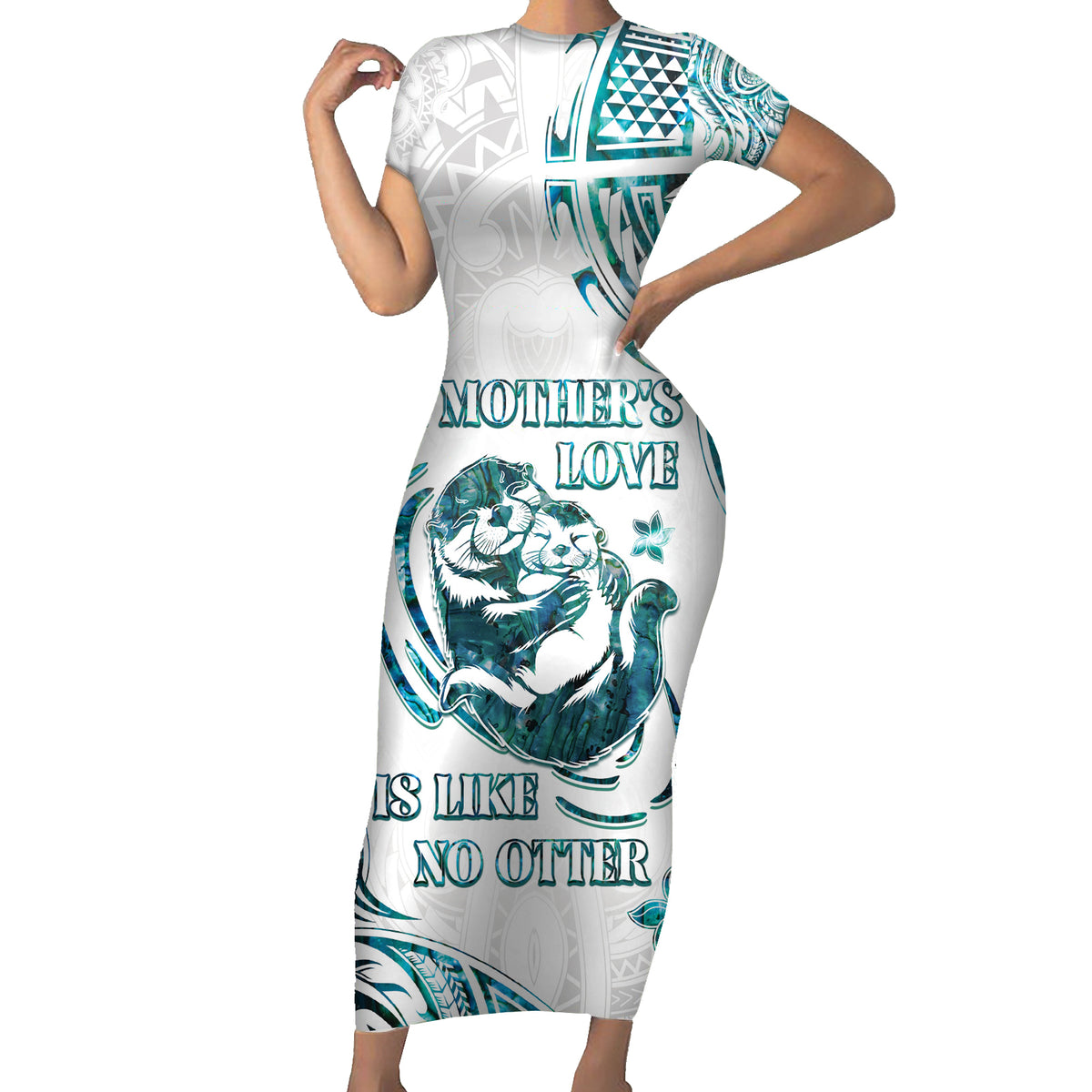 New Zealand Aotearoa Hari Ra Mama Family Matching Short Sleeve Bodycon Dress and Hawaiian Shirt A Mother's Love Is Like No Otter LT05 Mom's Dress White - Polynesian Pride