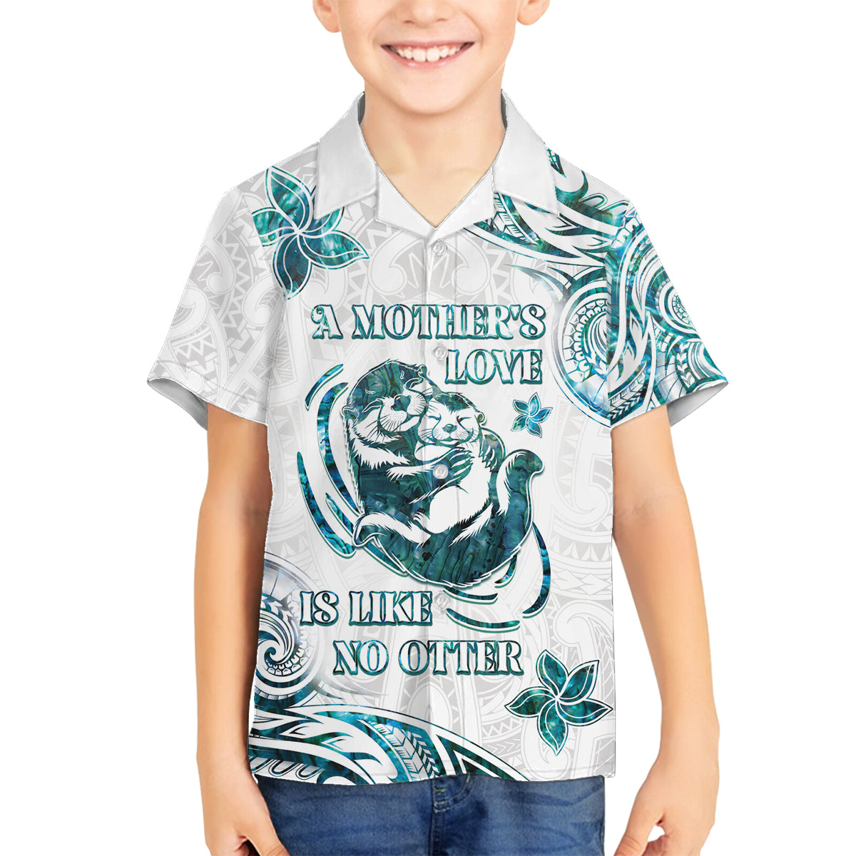 New Zealand Aotearoa Hari Ra Mama Family Matching Tank Maxi Dress and Hawaiian Shirt A Mother's Love Is Like No Otter LT05 Son's Shirt White - Polynesian Pride