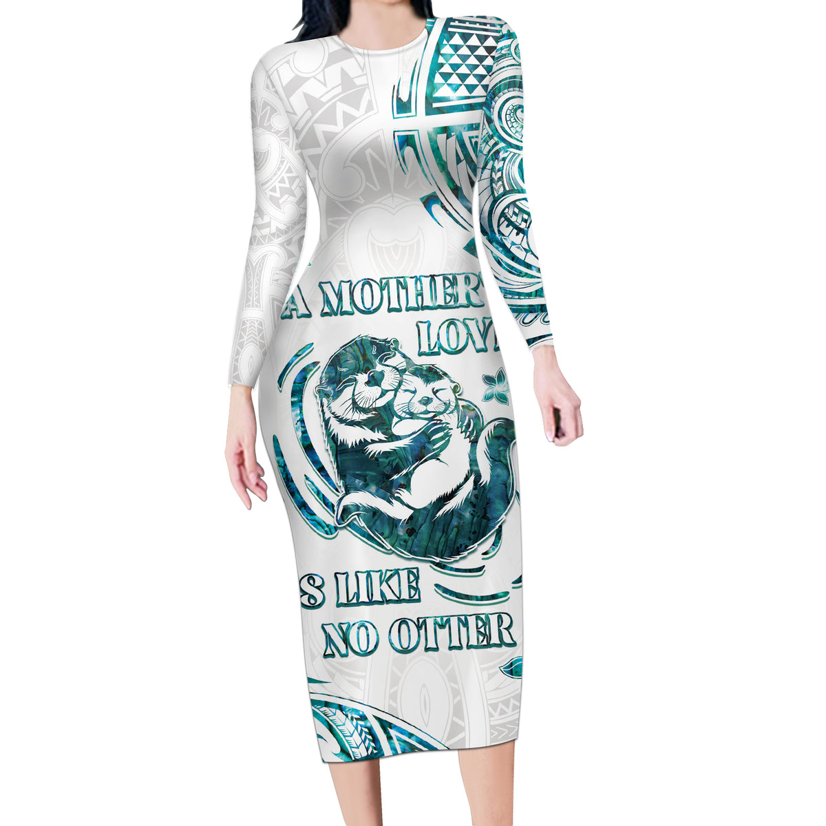New Zealand Aotearoa Hari Ra Mama Long Sleeve Bodycon Dress A Mother's Love Is Like No Otter LT05 Long Dress White - Polynesian Pride