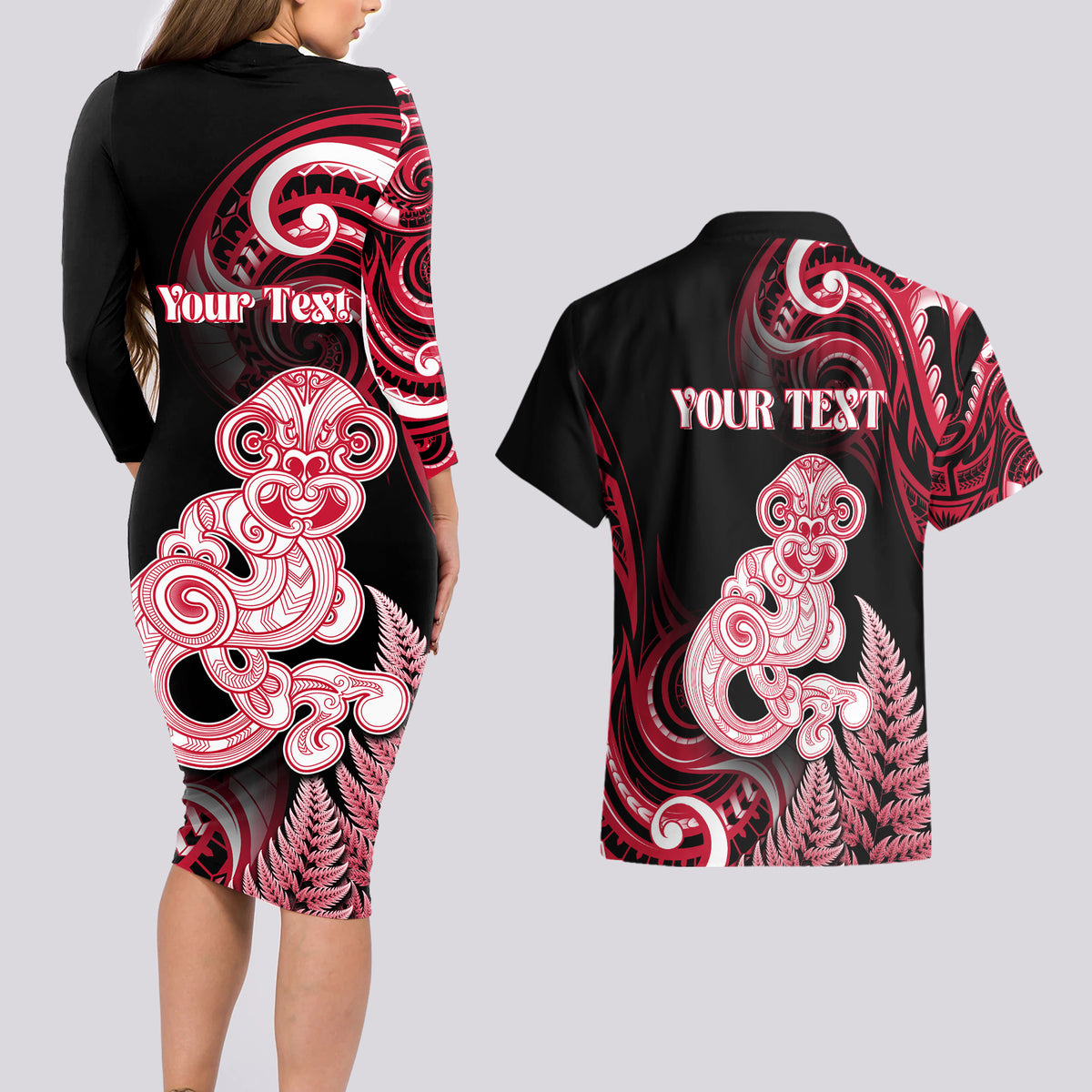 Personalised New Zealand Maori Taniwha Couples Matching Long Sleeve Bodycon Dress and Hawaiian Shirt Silver Fern Red Version LT05 - Polynesian Pride