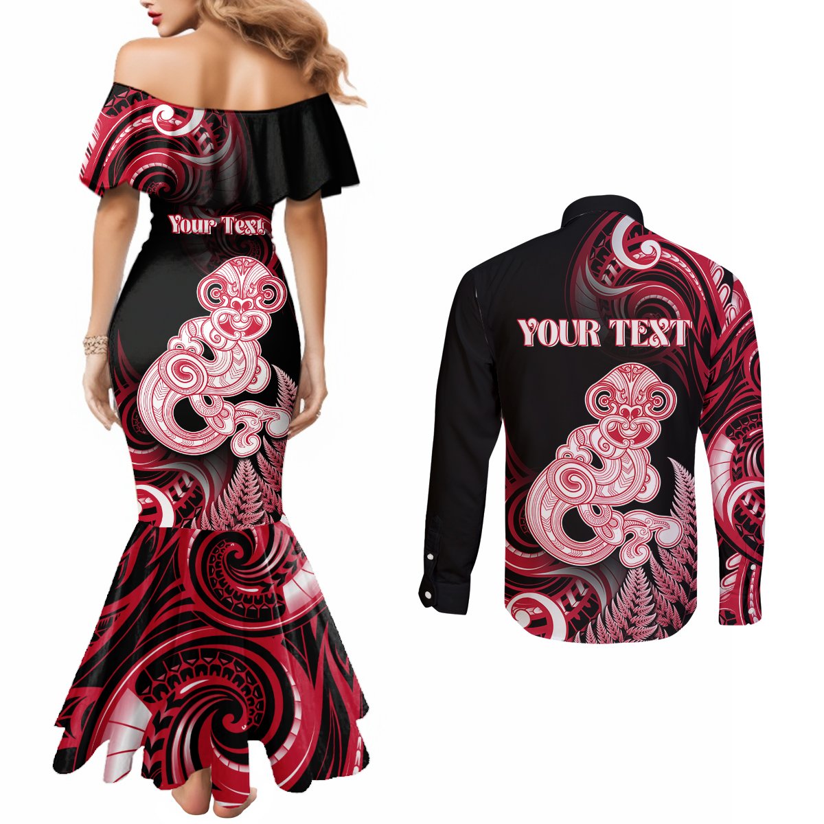 Personalised New Zealand Maori Taniwha Couples Matching Mermaid Dress and Long Sleeve Button Shirt Silver Fern Red Version LT05 - Polynesian Pride