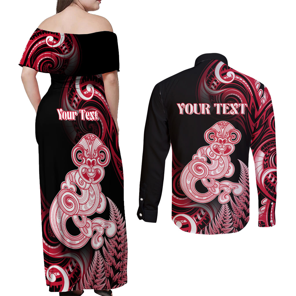 Personalised New Zealand Maori Taniwha Couples Matching Off Shoulder Maxi Dress and Long Sleeve Button Shirt Silver Fern Red Version LT05 - Polynesian Pride