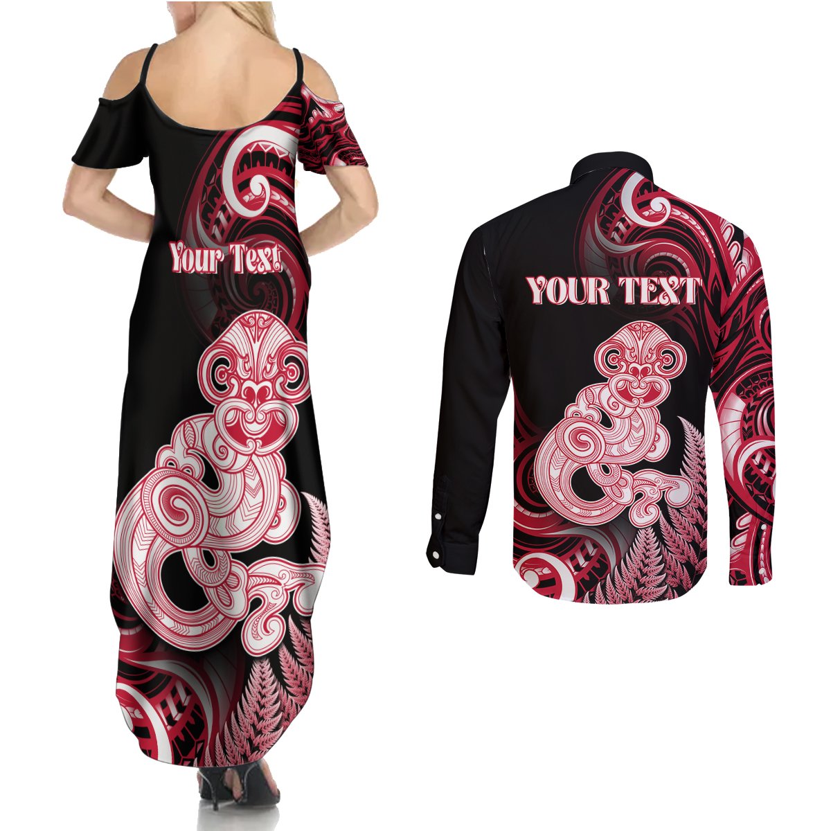 Personalised New Zealand Maori Taniwha Couples Matching Summer Maxi Dress and Long Sleeve Button Shirt Silver Fern Red Version LT05 - Polynesian Pride