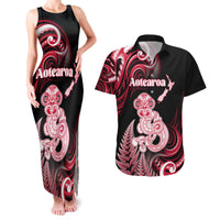 Personalised New Zealand Maori Taniwha Couples Matching Tank Maxi Dress and Hawaiian Shirt Silver Fern Red Version LT05 Red - Polynesian Pride