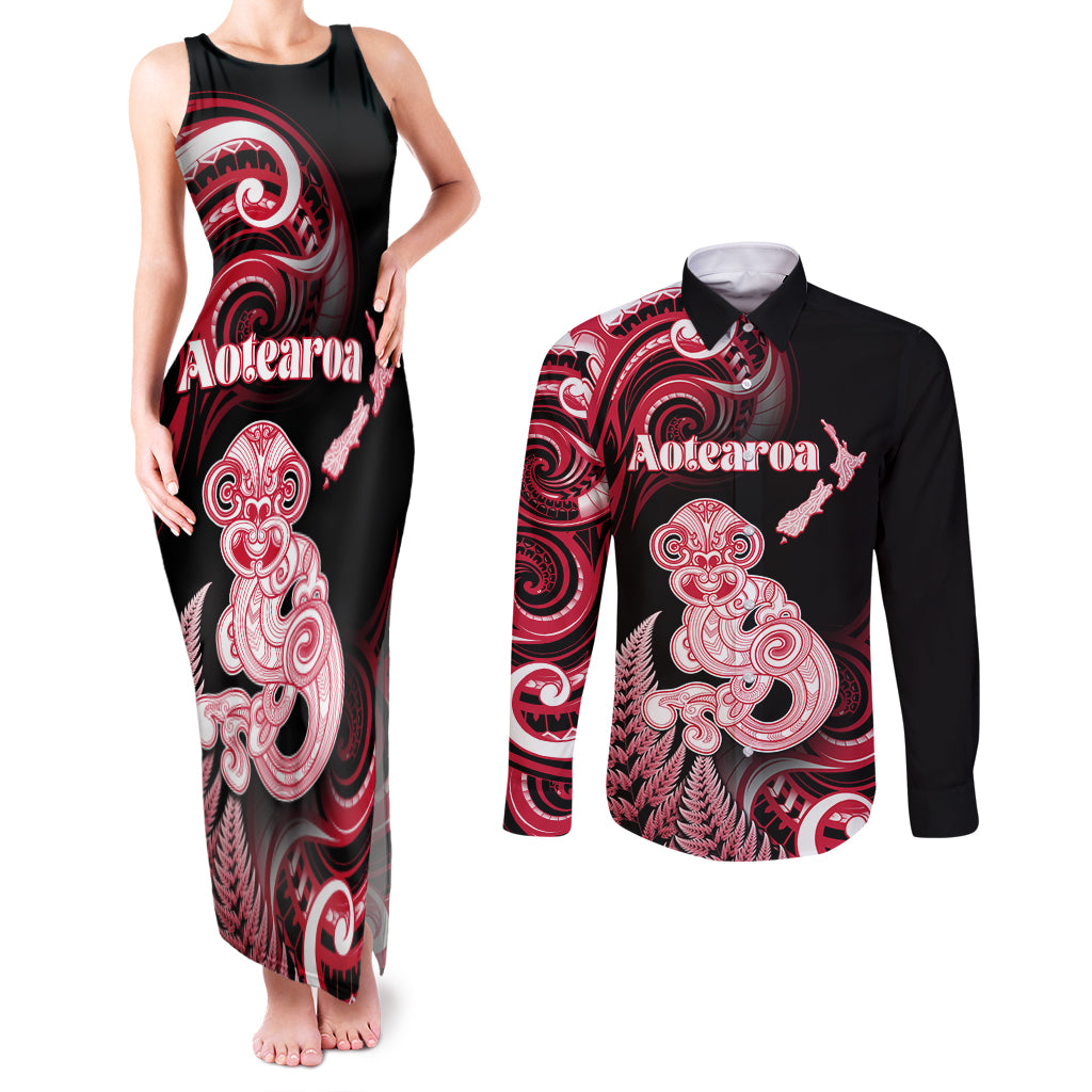 Personalised New Zealand Maori Taniwha Couples Matching Tank Maxi Dress and Long Sleeve Button Shirt Silver Fern Red Version LT05 Red - Polynesian Pride