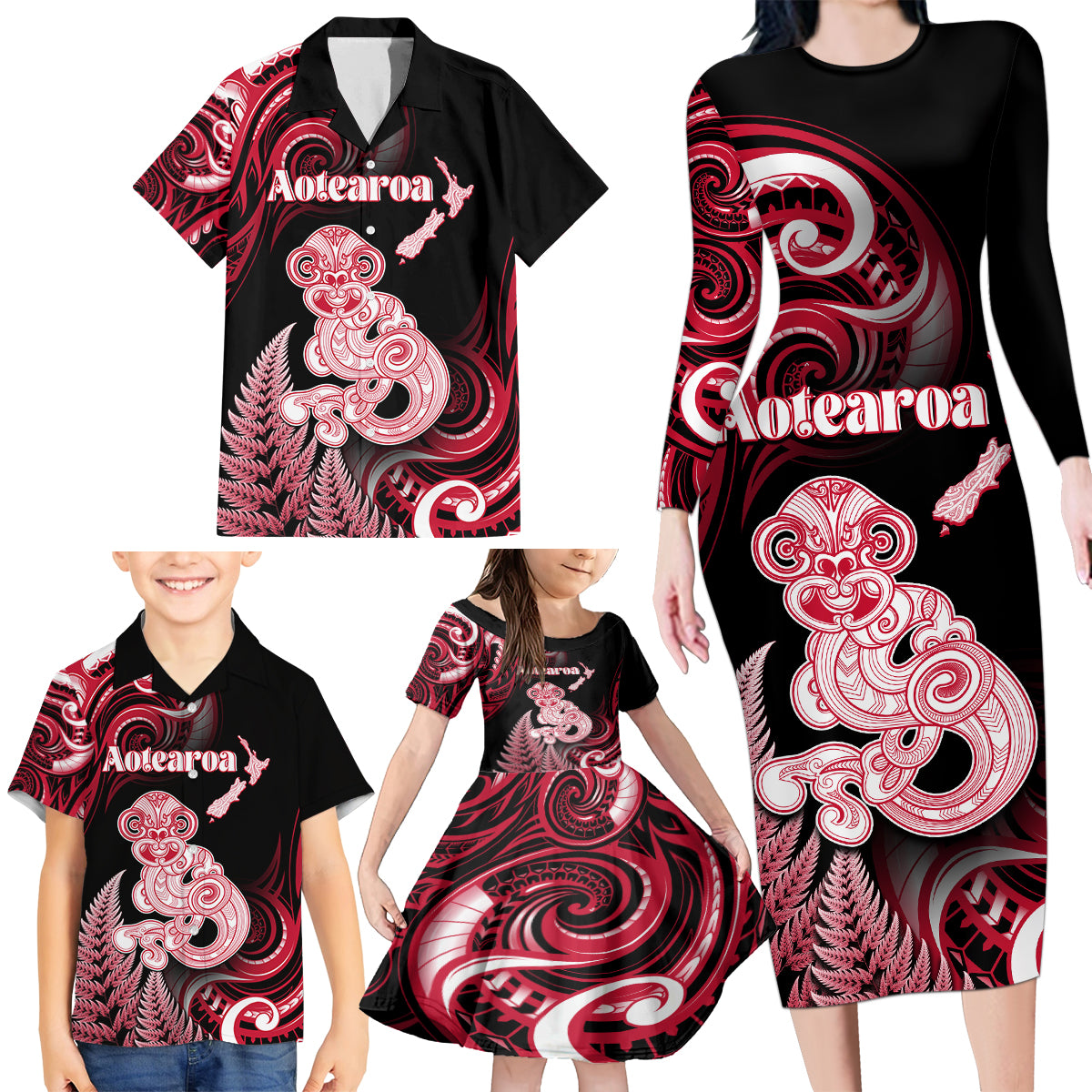 Personalised New Zealand Maori Taniwha Family Matching Long Sleeve Bodycon Dress and Hawaiian Shirt Silver Fern Red Version LT05 - Polynesian Pride