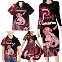 Personalised New Zealand Maori Taniwha Family Matching Long Sleeve Bodycon Dress and Hawaiian Shirt Silver Fern Red Version LT05 - Polynesian Pride