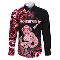 Personalised New Zealand Maori Taniwha Family Matching Mermaid Dress and Hawaiian Shirt Silver Fern Red Version LT05 Dad's Shirt - Long Sleeve Red - Polynesian Pride