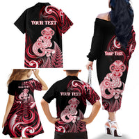 Personalised New Zealand Maori Taniwha Family Matching Off The Shoulder Long Sleeve Dress and Hawaiian Shirt Silver Fern Red Version LT05 - Polynesian Pride