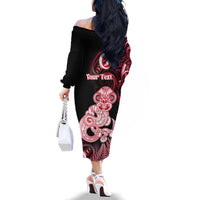 Personalised New Zealand Maori Taniwha Family Matching Off The Shoulder Long Sleeve Dress and Hawaiian Shirt Silver Fern Red Version LT05 - Polynesian Pride