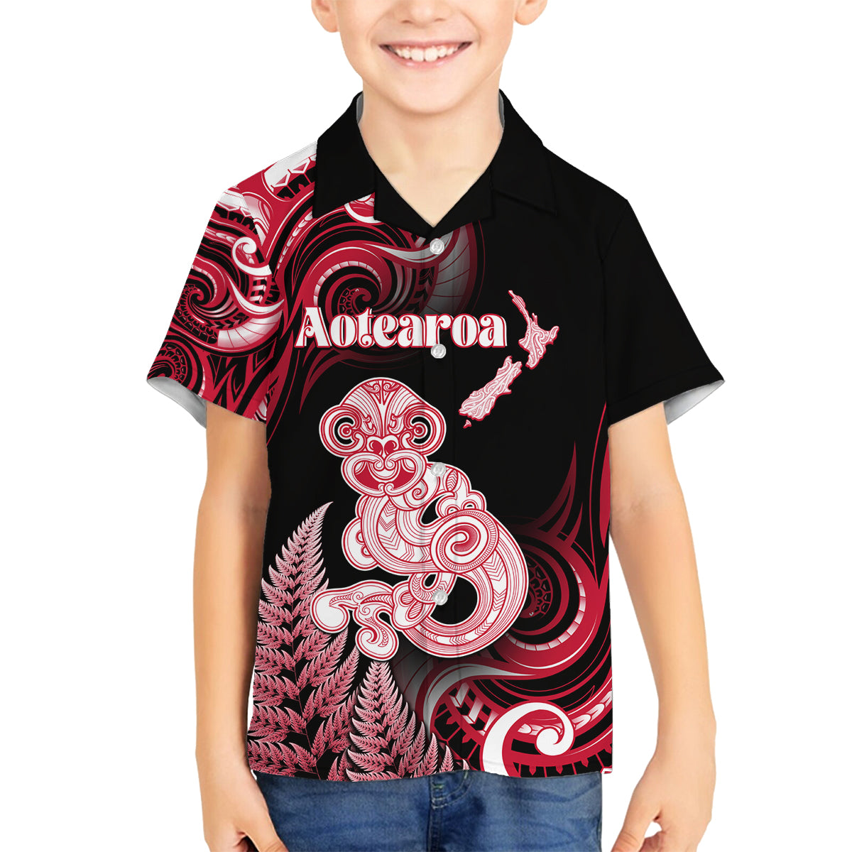 Personalised New Zealand Maori Taniwha Family Matching Off The Shoulder Long Sleeve Dress and Hawaiian Shirt Silver Fern Red Version LT05 Son's Shirt Red - Polynesian Pride
