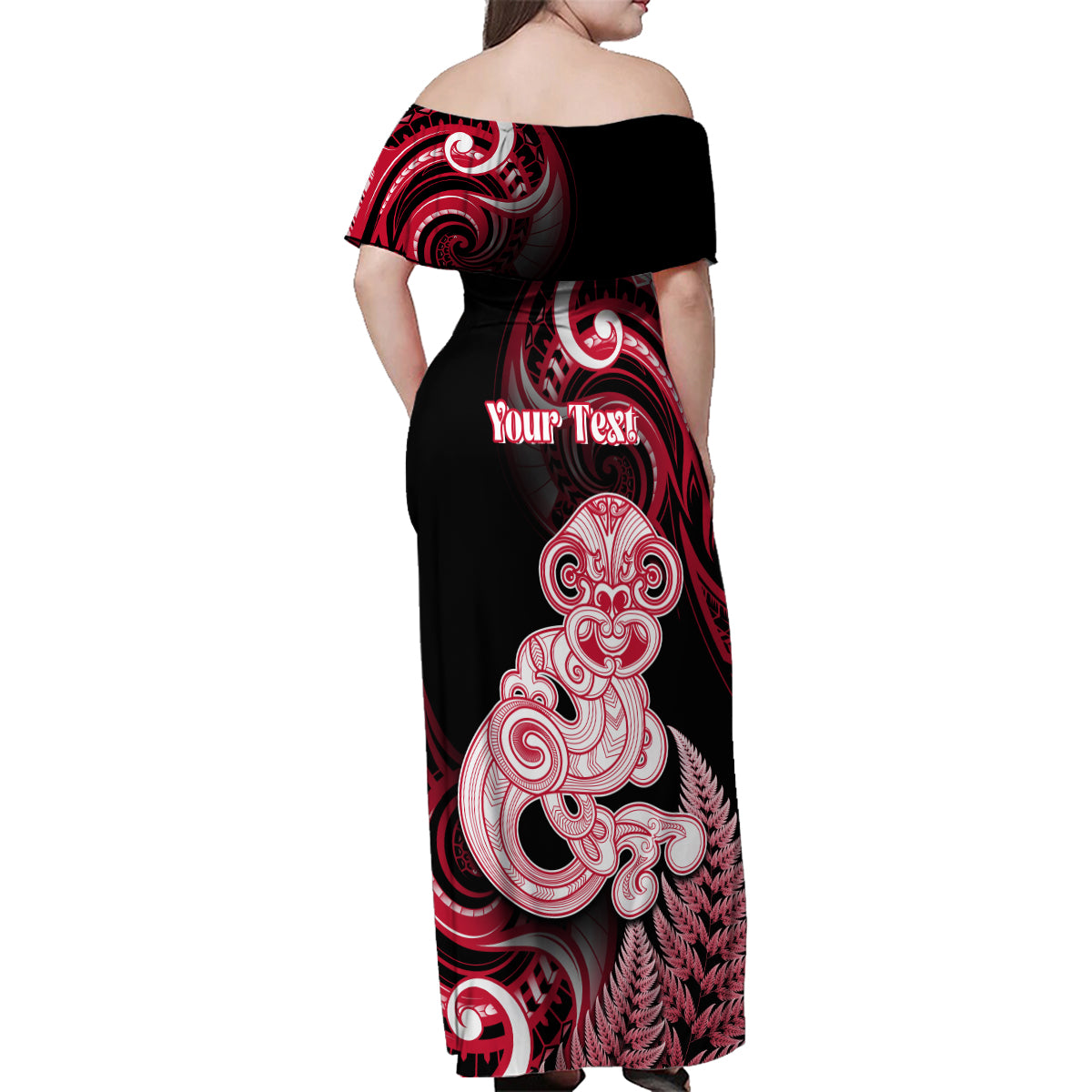 Personalised New Zealand Maori Taniwha Family Matching Off Shoulder Maxi Dress and Hawaiian Shirt Silver Fern Red Version LT05 - Polynesian Pride