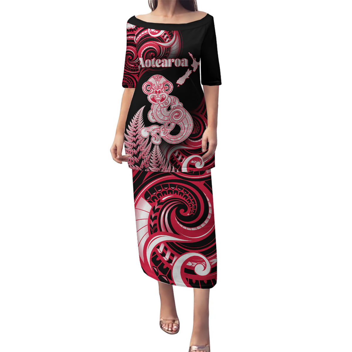 Personalised New Zealand Maori Taniwha Family Matching Puletasi and Hawaiian Shirt Silver Fern Red Version LT05 Mom's Dress Red - Polynesian Pride