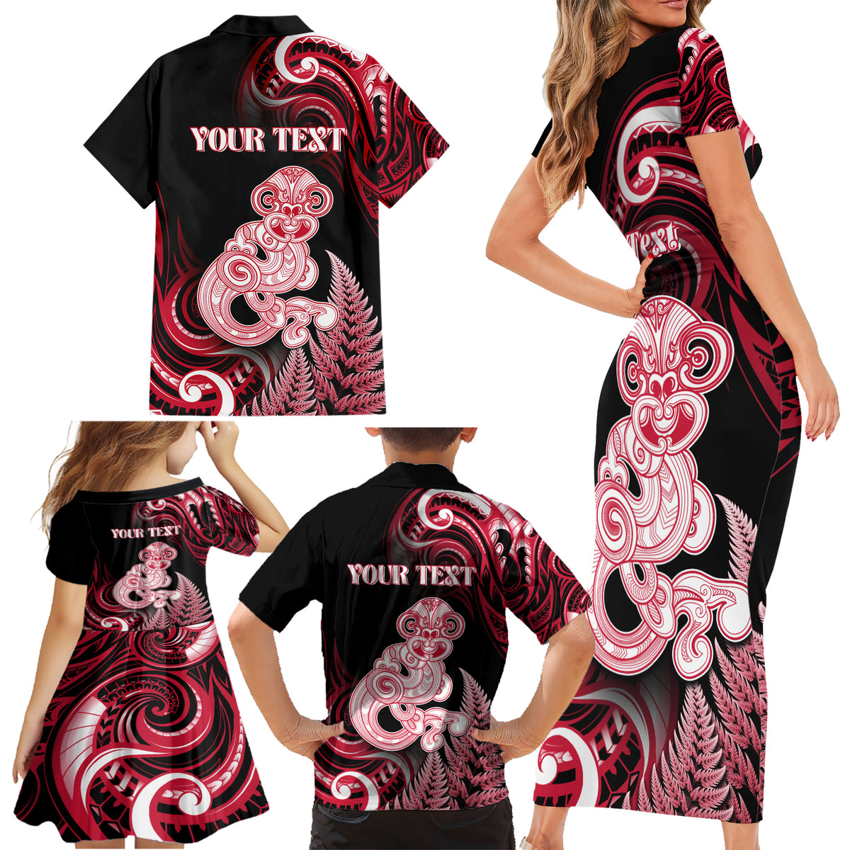 Personalised New Zealand Maori Taniwha Family Matching Short Sleeve Bodycon Dress and Hawaiian Shirt Silver Fern Red Version LT05 - Polynesian Pride