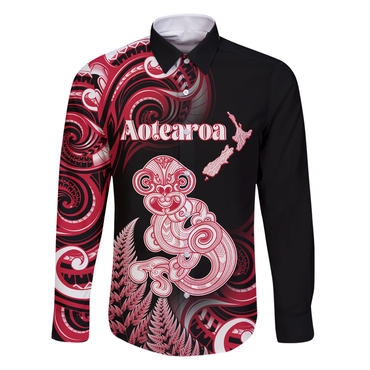 Personalised New Zealand Maori Taniwha Family Matching Short Sleeve Bodycon Dress and Hawaiian Shirt Silver Fern Red Version LT05 Dad's Shirt - Long Sleeve Red - Polynesian Pride