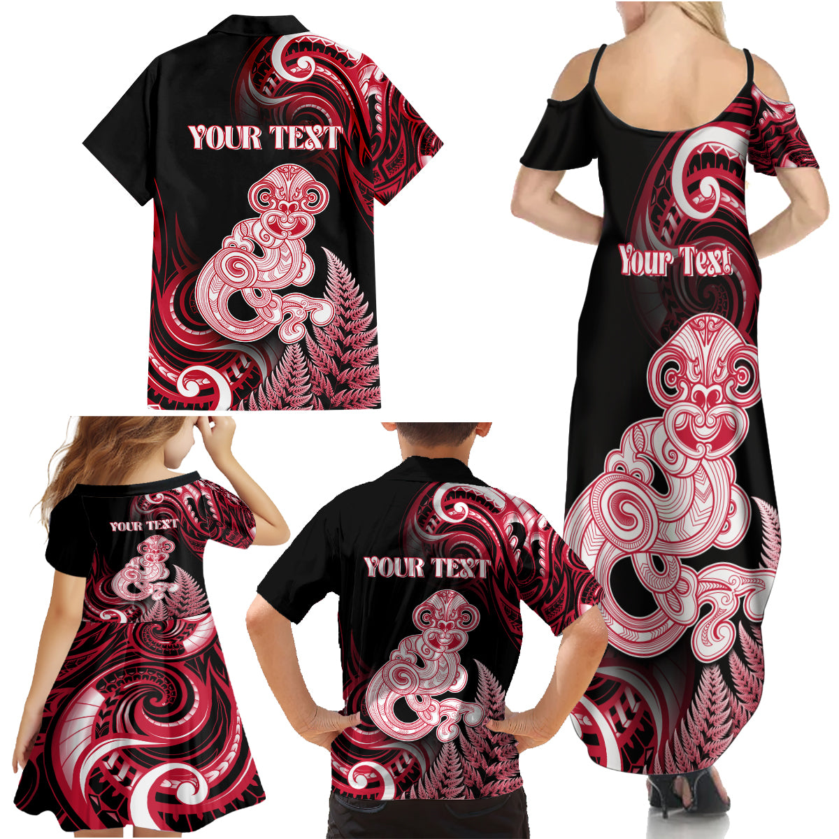 Personalised New Zealand Maori Taniwha Family Matching Summer Maxi Dress and Hawaiian Shirt Silver Fern Red Version LT05 - Polynesian Pride
