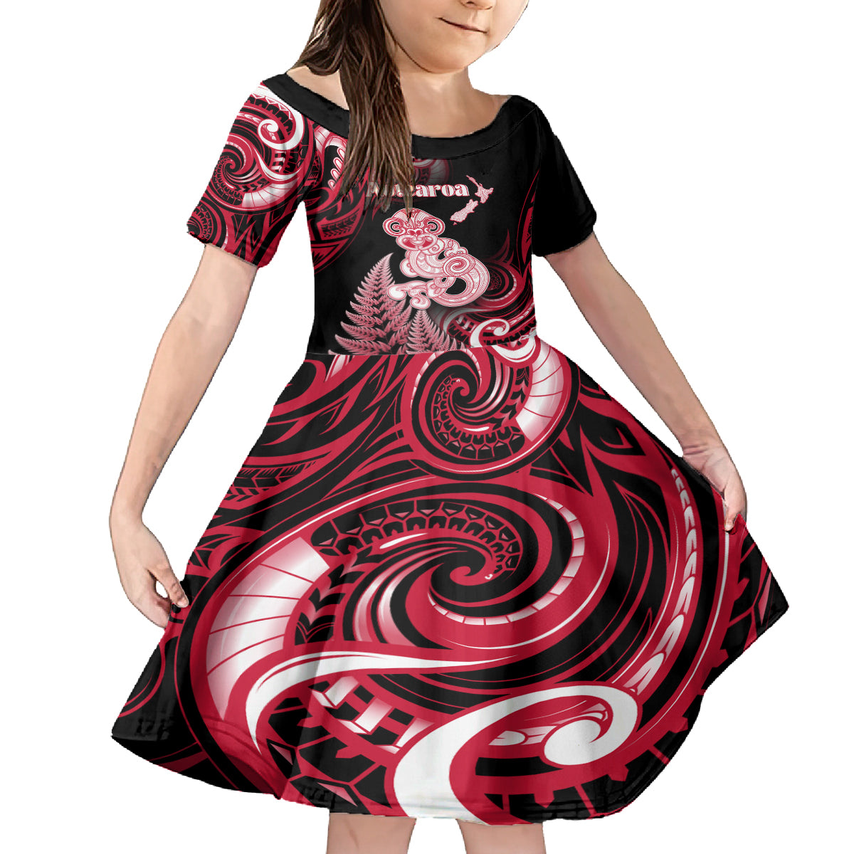 Personalised New Zealand Maori Taniwha Family Matching Tank Maxi Dress and Hawaiian Shirt Silver Fern Red Version LT05 Daughter's Dress Red - Polynesian Pride