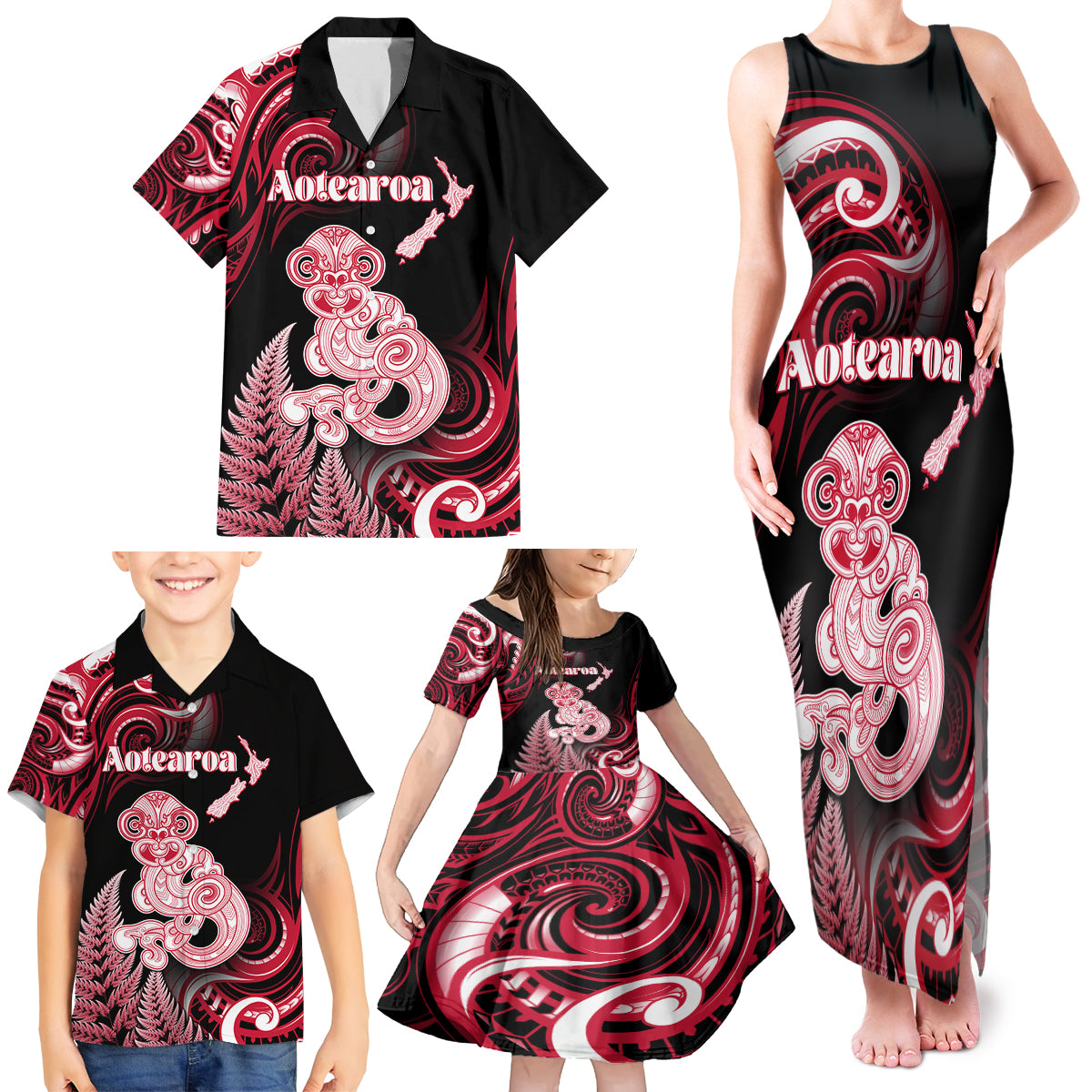 Personalised New Zealand Maori Taniwha Family Matching Tank Maxi Dress and Hawaiian Shirt Silver Fern Red Version LT05 - Polynesian Pride