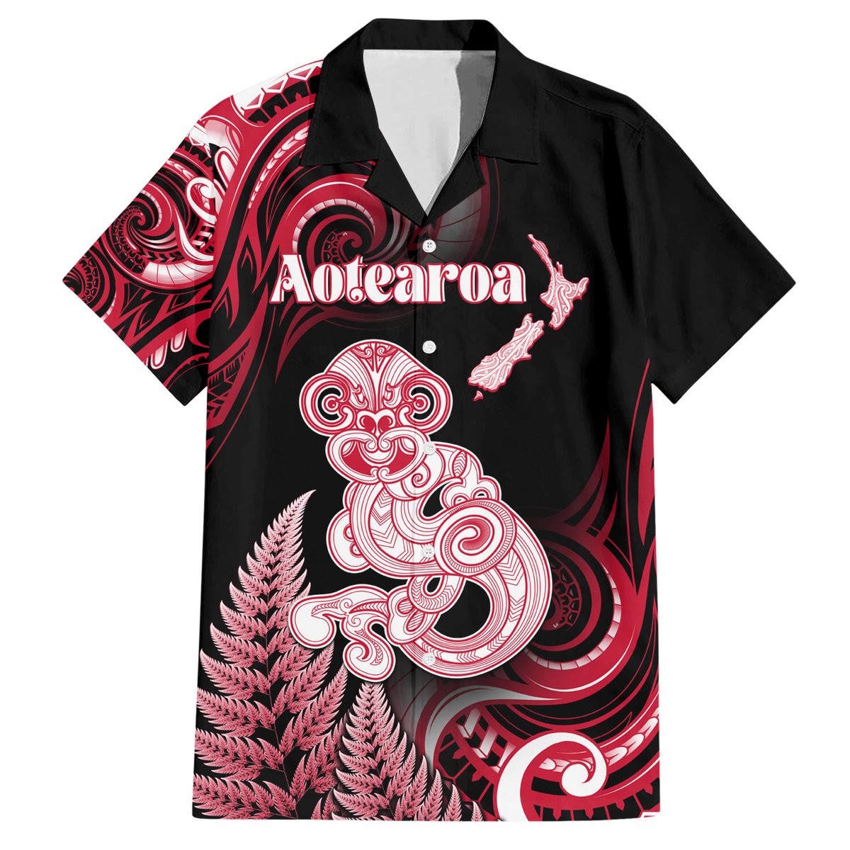 Personalised New Zealand Maori Taniwha Hawaiian Shirt Silver Fern Red Version